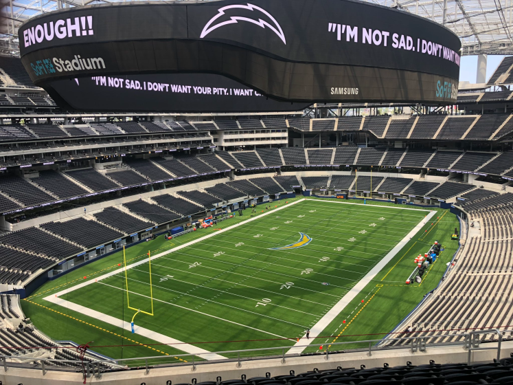 SoFi Stadium, ahead of a scheduled scrimmage for the Chargers. The scrimmage was later canceled because of the Jacob Blake shooting.