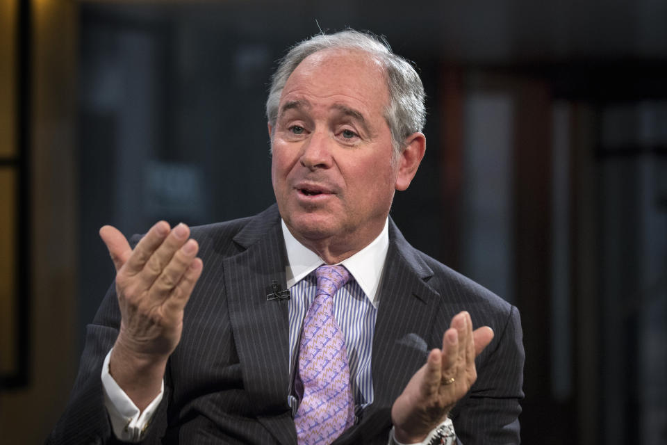 Stephen A. Schwarzman, Chairman and Chief Executive Officer of The Blackstone Group, speaks during an interview with Maria Bartiromo, on her Fox Business Network show; "Opening Bell with Maria Bartiromo" in New York February 27, 2014. Italian fashion house Versace is selling a 20 percent stake to U.S. private equity firm Blackstone for 210 million euros ($287 million), aiming to fund new shops and build on a recent recovery in sales before an eventual stock market listing. REUTERS/Brendan McDermid (UNITED STATES - Tags: BUSINESS MEDIA FASHION)