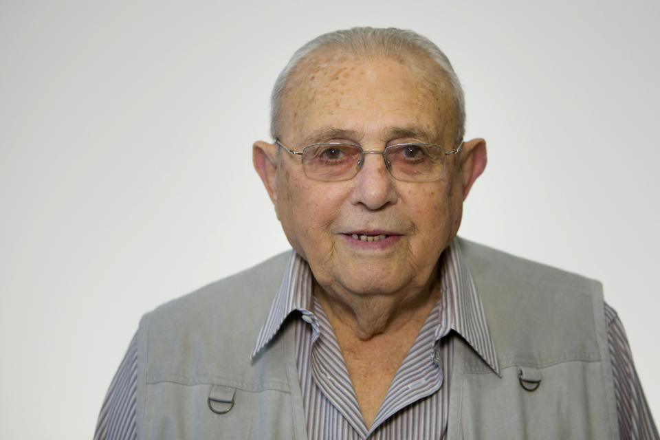 In this photo taken Wednesday, April 9, 2014, Israeli Holocaust survivor Shmuel Bogler, 84, originally from Hungary, poses for a portrait in Jerusalem. Bogler never had the opportunity to say goodbye to his family, rounded up from their home in Bodrogkeresztur and, like most of the Hungarian Jewish community, transported to Auschwitz. Of the family's 10 children, one had died young, three had fled before the war and three others had previously been taken to work camps. Bogler was left with his parents, one brother and one sister when they were crammed into a cattle car. (AP Photo/Sebastian Scheiner)