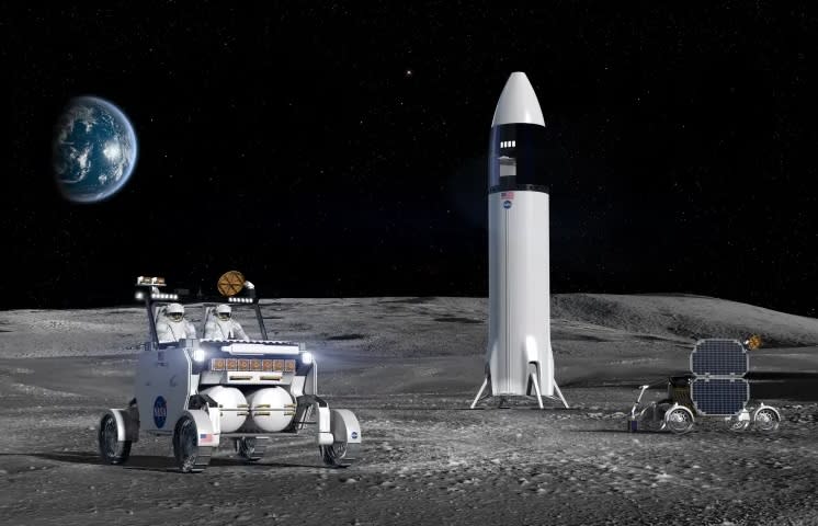 El concepto de vehículo todoterreno lunar de Venturi Astrolab, Flex, fotografiado junto con representaciones de un rover y un módulo de aterrizaje con energía solar en la luna.