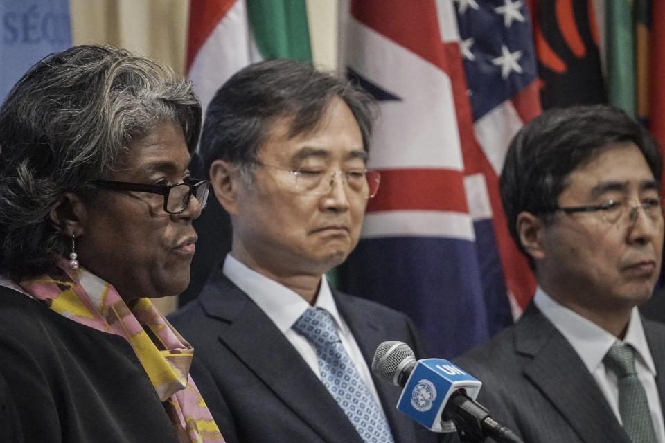 Korea's United Nations Ambassador Cho Hyun, center, and Japan's U.N. Ambassador Kimihiro Ishikane, right, listen as U.S. Ambassador Linda Thomas-Greenfield, left, holds a news briefing after a closed meeting of the U.N. Security Council to discuss North Korea's test-fire of its biggest intercontinental ballistic missile (ICBM), Friday, March 25, 2022, at U.N. headquarters. (AP Photo/Bebeto Matthews)