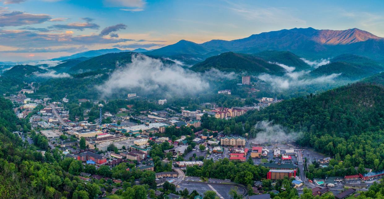 Gatlinburg, Tennessee, USA Downtown Skyline Aerial.