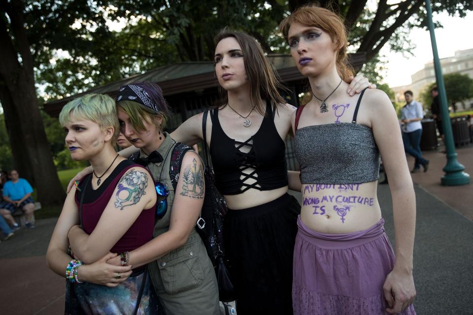 Members of the transgender community and their supporters attend a rally for transgender equality on Capitol Hill, June 9, 2017 in Washington, DC.