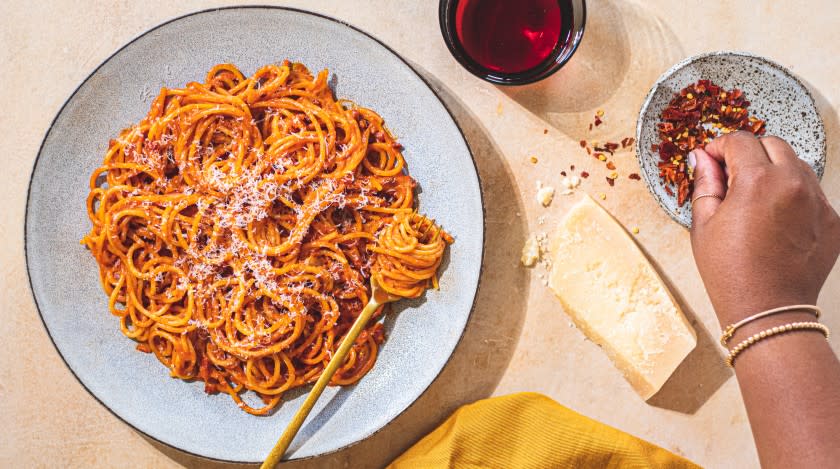 Creamy 'Alla Amatriciana-ish' Pasta. Recipe, styling and photography by Danielle Campbell.