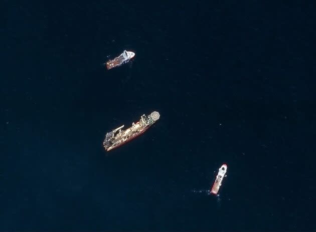 Satellite imagery from June 22 shows some of the ships that were involved in the search for OceanGate’s Titan sub. (Maxar Photo)