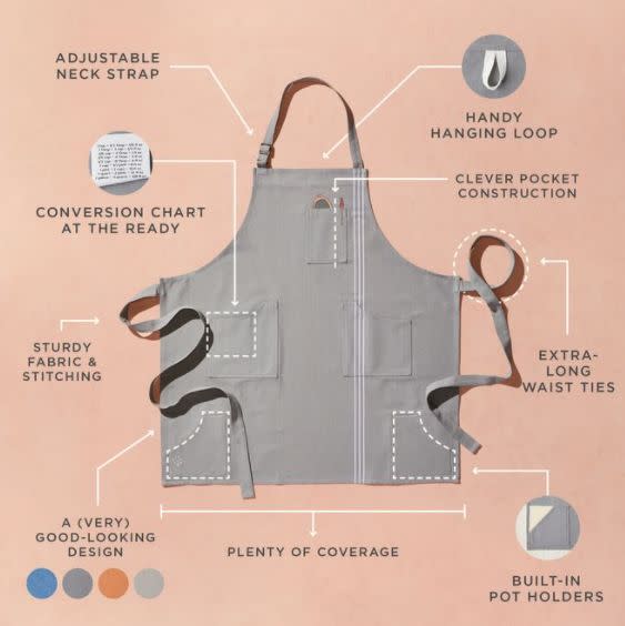Find this <a href="https://fave.co/34h28f6" target="_blank" rel="noopener noreferrer">Five Two Ultimate Apron for $45</a> with built-in pot holders and a conversion chart at Food52.