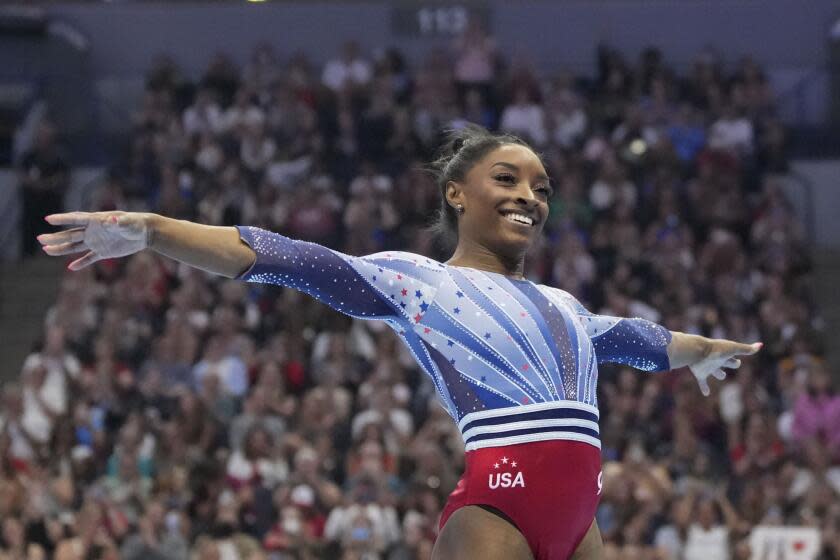 Simone Biles competes in the floor exercise at the United States Gymnastics Olympic Trials.