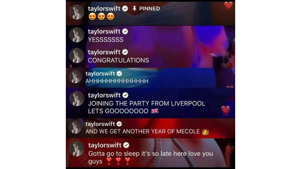 Taylor Swift sending comments to Travis Kelce on Instagram