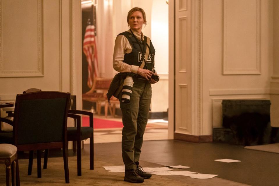 Kirsten Dunst in a scene from “Civil War.” Murray Close/A24 via AP