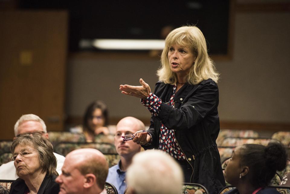 Indiana state Sen. Liz Brown questions the panel during the "Vouchers: The Economics and Academics of Choice" event.