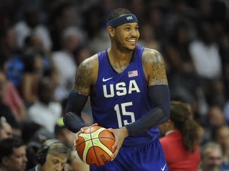 July 24, 2016; Los Angeles, CA, USA; USA forward Carmelo Anthony brings the ball inbound against China in the second half during an exhibition basketball game at Staples Center. Mandatory Credit: Gary A. Vasquez-USA TODAY Sports