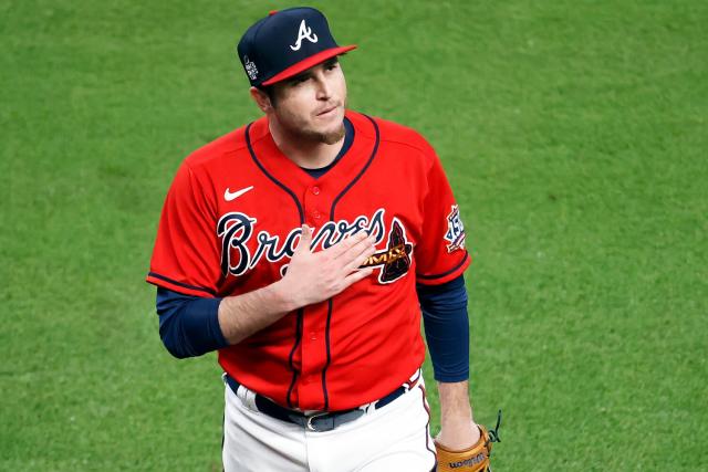 Atlanta, USA. 05th Nov, 2021. Pitcher Luke Jackson addresses fans