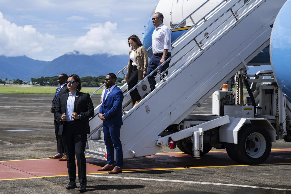 U.S. Vice President Kamala Harris arrives at the Puerto Princesa International Airport, Philippines, to visit a local village in Palawan on Tuesday, Nov. 22, 2022. (Haiyun Jiang/The New York Times via AP, Pool)