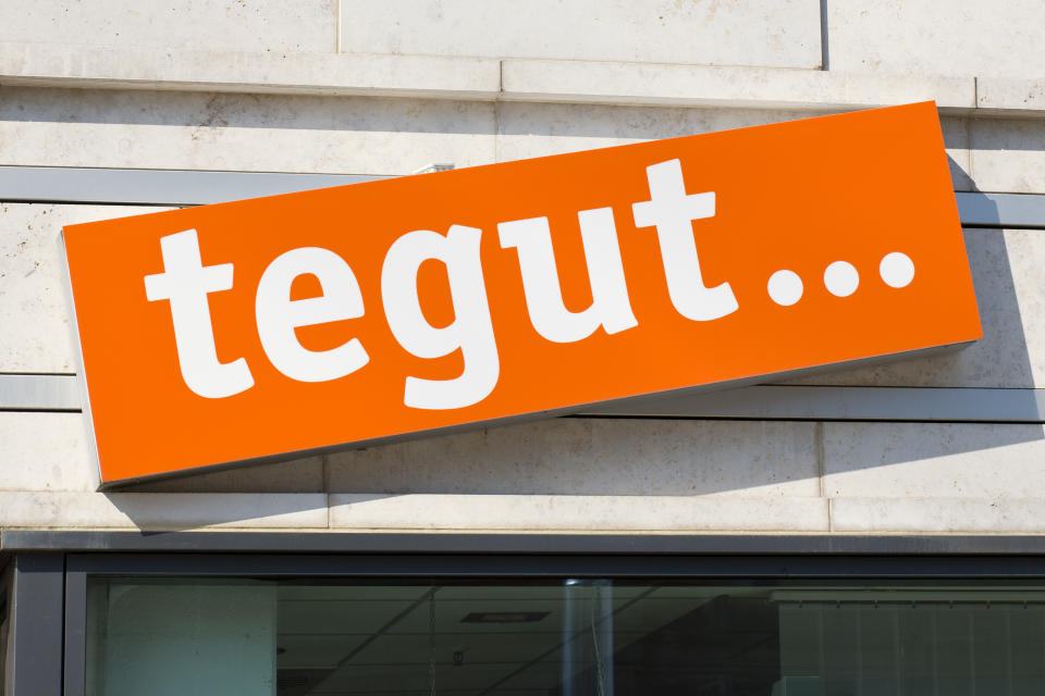 Wiesbaden, Germany - April 24, 2011: Sign of tegut supermarket in the center of Wiesbaden, Germany. tegut is a supermarket chain in Germany. Founded in 1947 it is based in Fulda, Hessen. tegut operates over 300 stores in six german federal states.