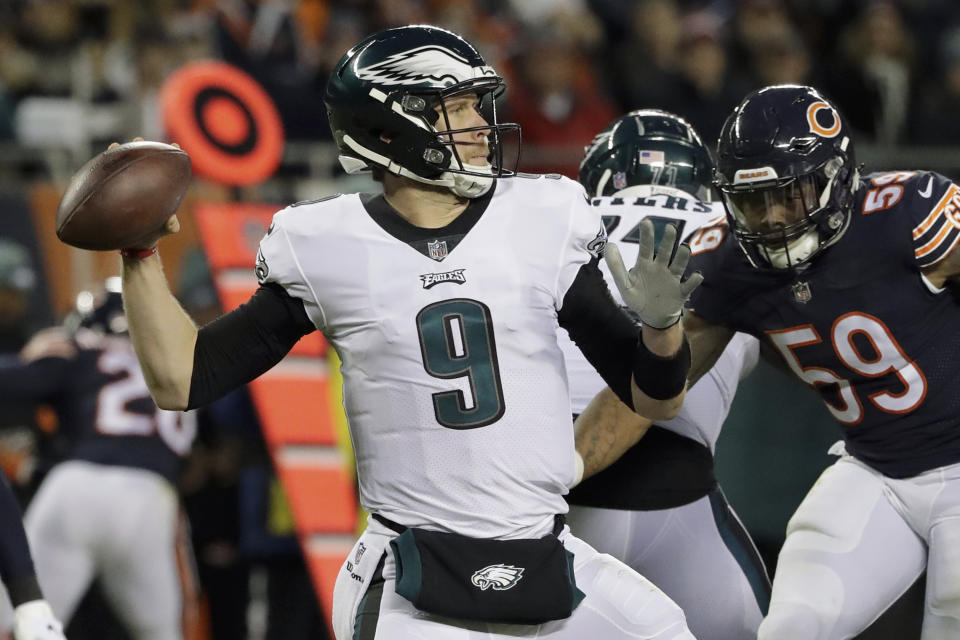 Philadelphia Eagles quarterback Nick Foles (9) passes during the first half of an NFL wild-card playoff football game against the Chicago Bears Sunday, Jan. 6, 2019, in Chicago. (AP Photo/Nam Y. Huh)