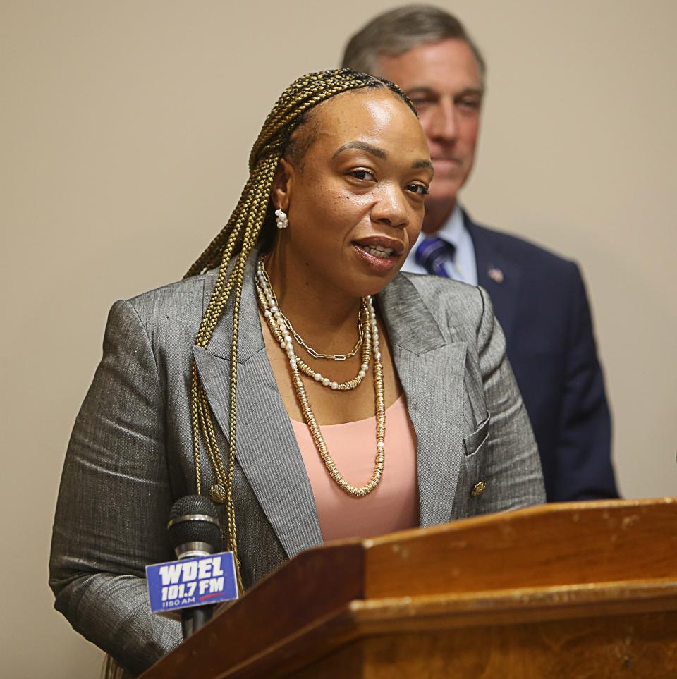 Delaware House Majority Leader Melissa Minor-Brown speaks during a bill signing ceremony on August 7, 2023.