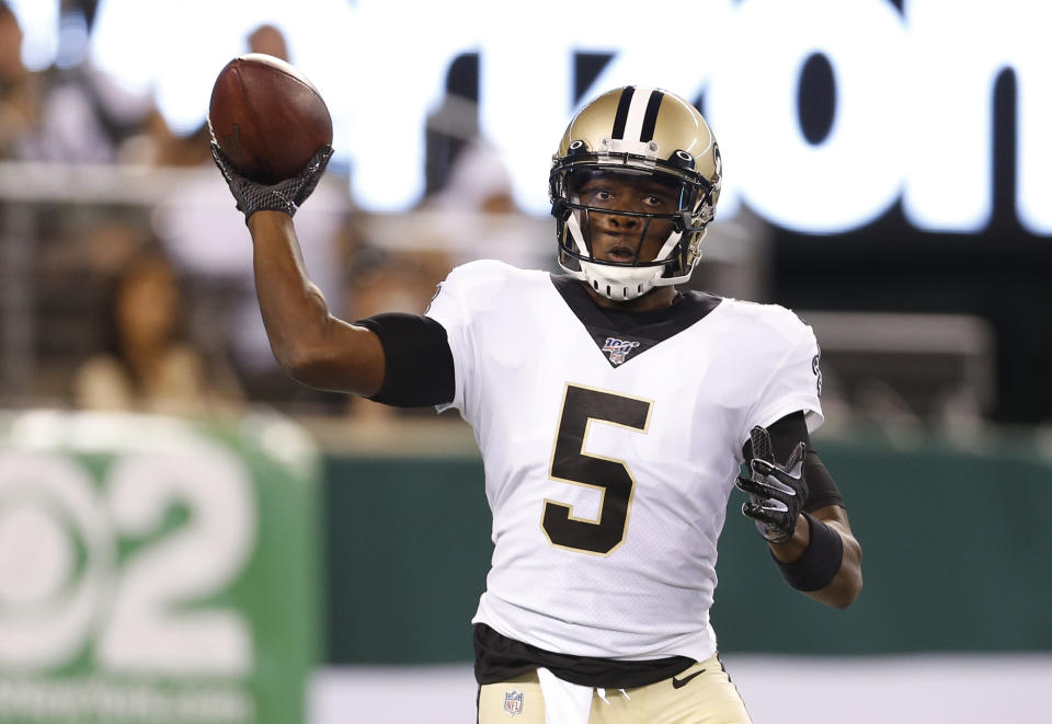 New Orleans Saints quarterback Teddy Bridgewater (5) throws a pass during the first half of the team's preseason NFL football game against the New York Jets on Saturday, Aug. 24, 2019, in East Rutherford, N.J. (AP Photo/Adam Hunger)