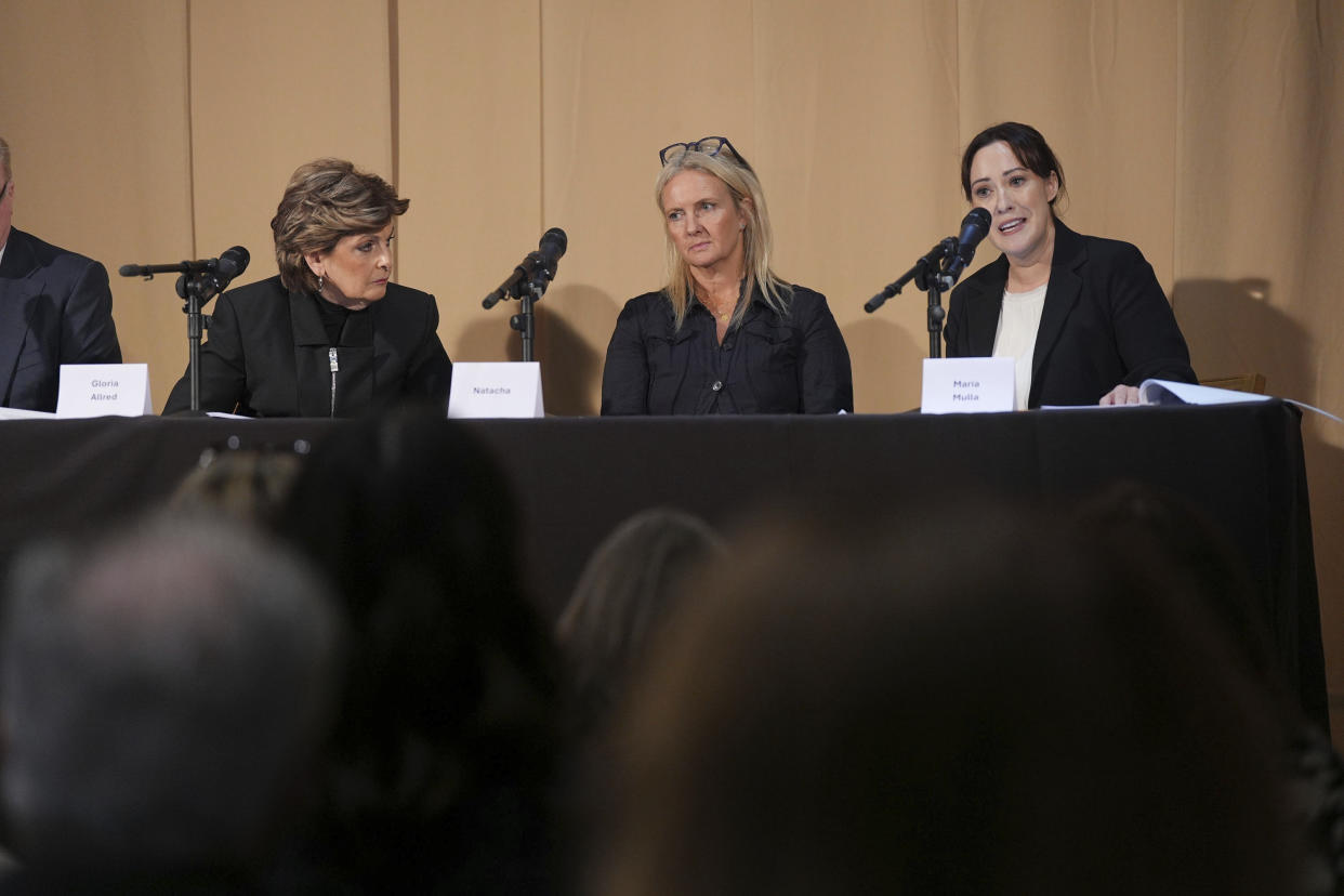 From left, American attorney Gloria Allred, Natacha (no surname given) and barrister Maria Mulla, who featured in 'Al-Fayed: Predator at Harrods' hold a press conference to discuss their involvement in the investigation and the legal claim against Harrods for failing to provide a safe system of work for their employees, at Kent House in Knightsbridge, London, Friday Sept. 20, 2024. Multiple ex-Harrods employees have accused Mohamed Al Fayed, the Egyptian billionaire who owned the luxury department store for more than 25 years, of rape and sexual assault. (Yui Mok/PA via AP)