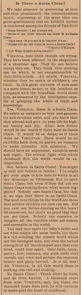 The original clipping from "Is There a Santa Claus?" from The New York Sun.