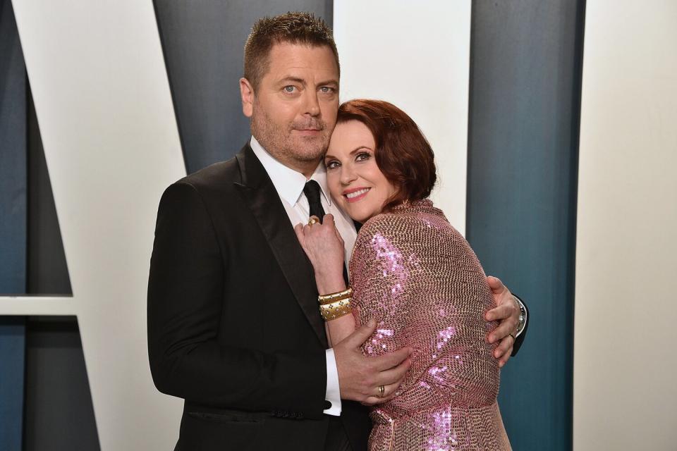 Nick Offerman and Megan Mullally attend the 2020 Vanity Fair Oscar Party