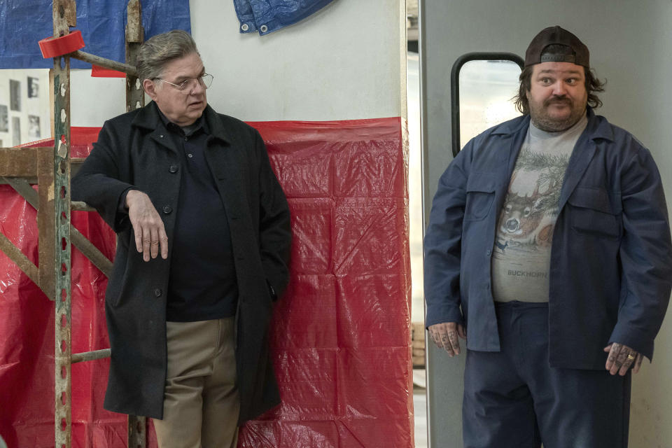 This image released by FX shows Oliver Platt, left, and Mathy Matheson in a scene from "The Bear." (Chuck Hodes/FX via AP)