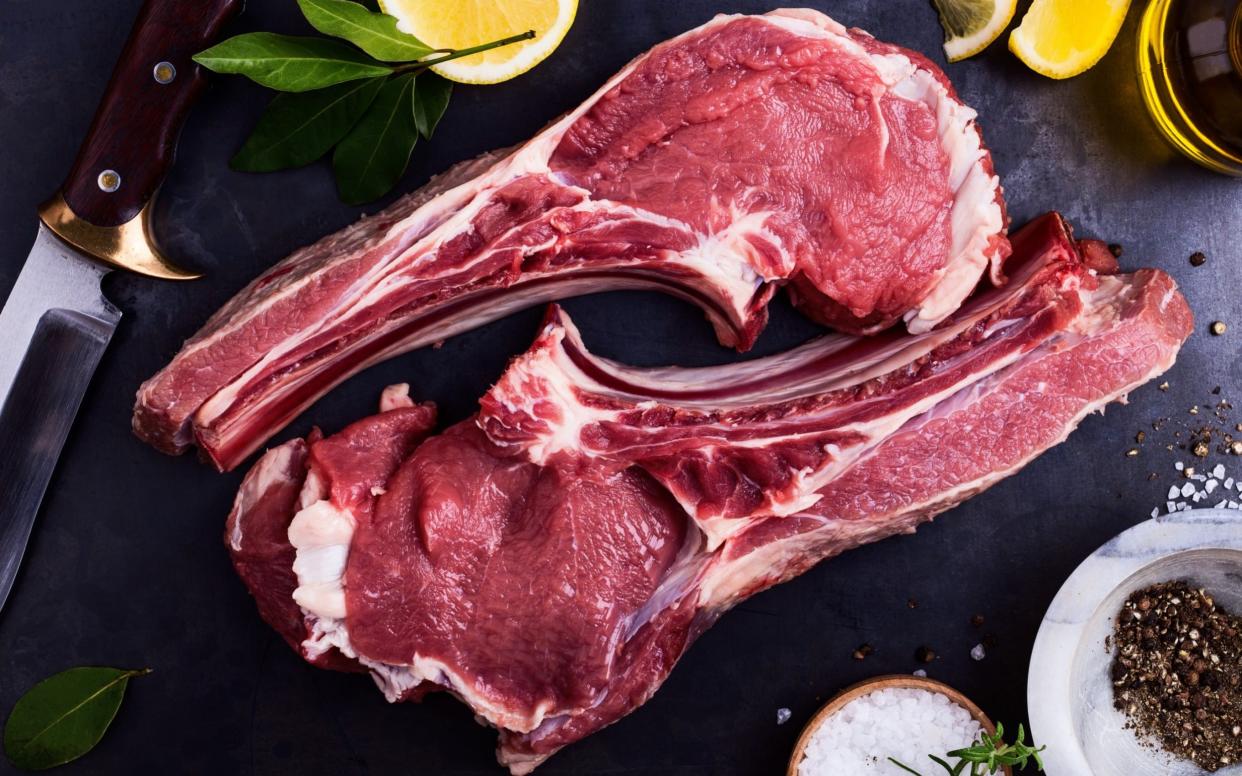 Bone-in ribeye Tomahawk steak with long bone on grey background viewed from above - istetiana/Moment RF