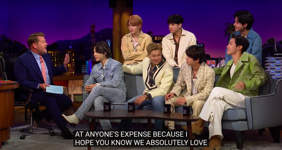 James with BTS and caption: "At anyone's expense because I hope you know we absolutely love"