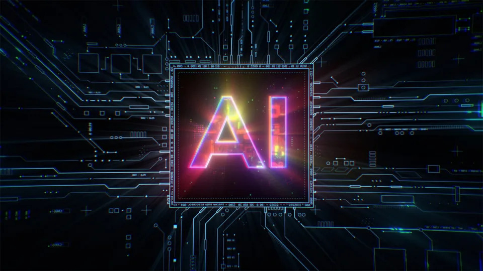 A graphic depicting a computer chip with the letters AI printed on it.