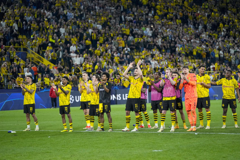 Dortmund's players greet fans after the Champions League semifinal first leg soccer match between Borussia Dortmund and Paris Saint-Germain at the Signal-Iduna Park in Dortmund, Germany, Wednesday, May 1, 2024. (AP Photo/Martin Meissner)