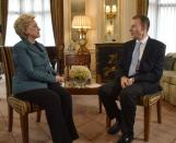Former U.S. Secretary of State, Hillary Clinton is seen speaking to Andrew Marr, in this undated photograph received via the BBC, during an interview at Claridge's hotel for the BBC's Andrew Marr Show which was broadcast in London, Britain October 15, 2017. Jeff Overs/BBC/Handout via REUTERS