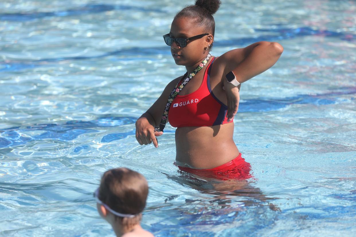In this 2023 file photo, swim instructor and lifeguard Jessica Gonzales shows her students what type of stroke she wanted them to do at the Genesee Valley Pool @ the Sports Complex in Rochester.