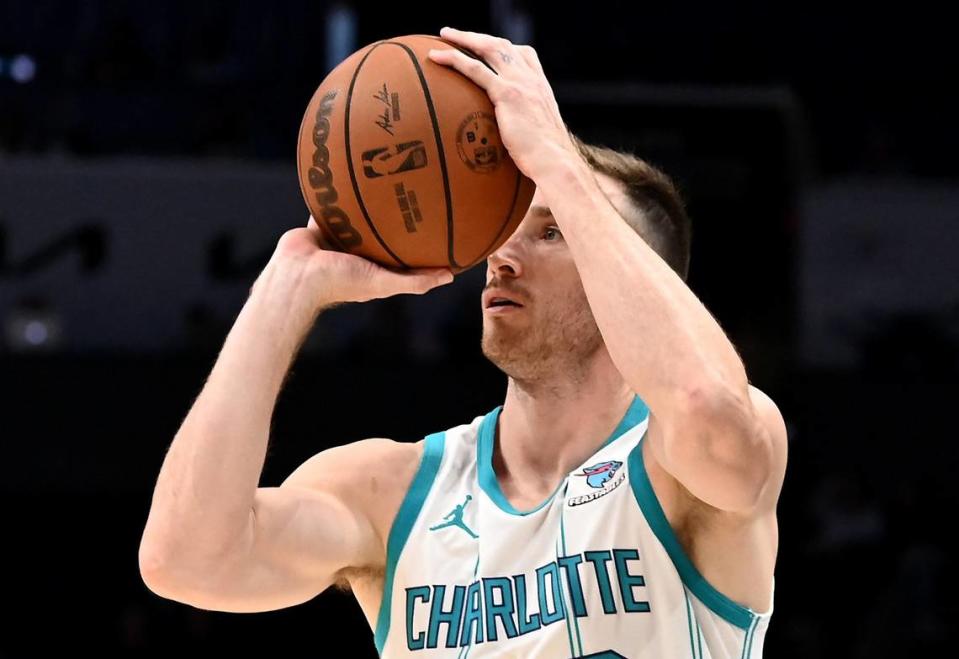 Charlotte Hornets forward Gordon Hayward lines up a three-point basket during second half action against the Brooklyn Nets on Monday, October 30, 2023 at Spectrum Center in Charlotte, NC. The Nets defeated the Hornets 133-121. JEFF SINER/jsiner@charlotteobserver.com