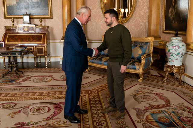 <p>Aaron Chown - Pool/Getty</p> King Charles (left) and Ukrainian President Volodymyr Zelenskyy meet at Buckingham Palace on Feb. 8, 2023