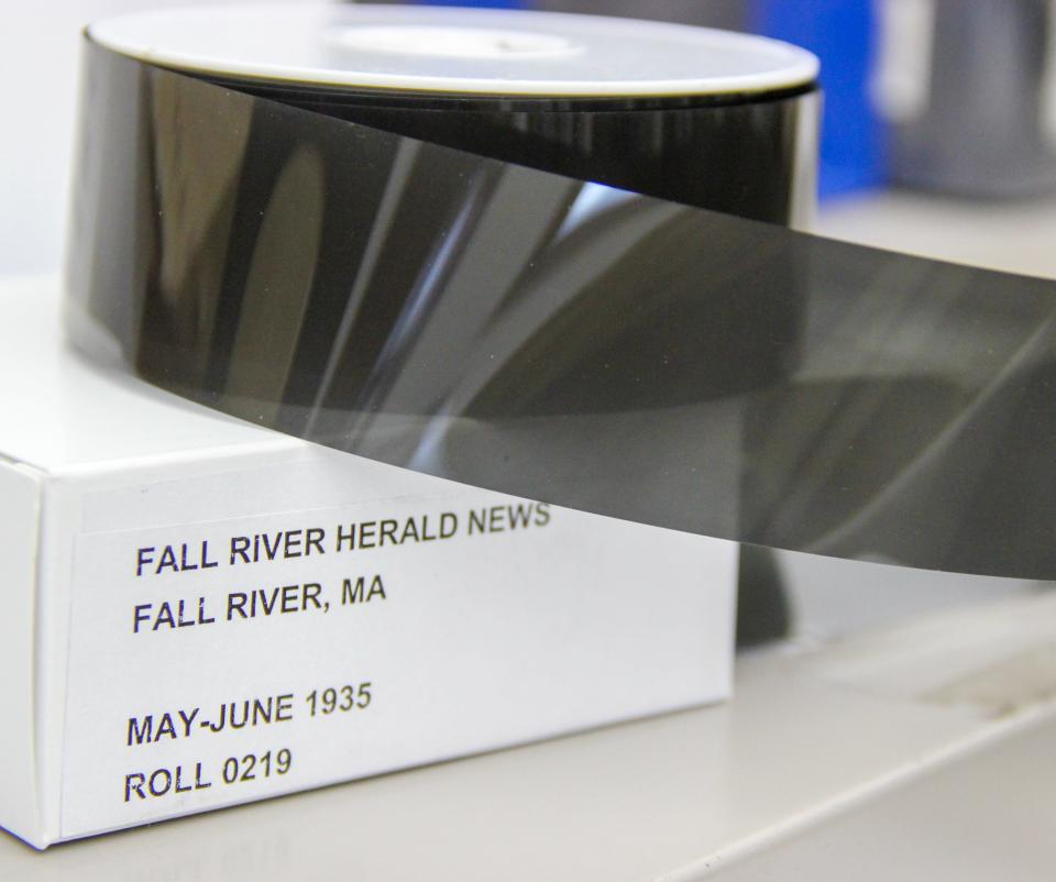 A spool of microfilm containing Herald News pages from May to June 1935 is on display at the Fall River Public Library.