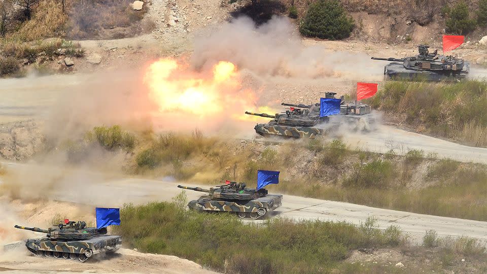 Tanks take part in joint US and South Korean military exercises. Photo: Kyodo