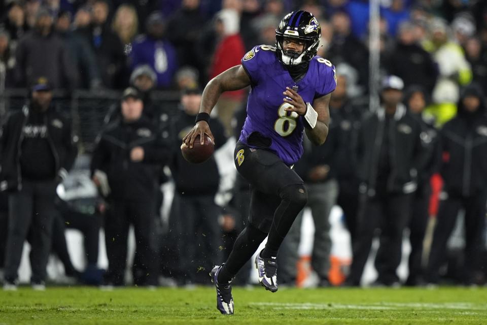 Baltimore Ravens quarterback Lamar Jackson (8) runs with the ball during the second half of the AFC Championship NFL football game against the Kansas City Chiefs, Sunday, Jan. 28, 2024, in Baltimore. (AP Photo/Matt Slocum)