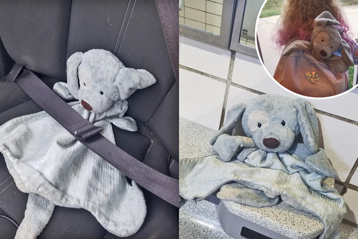 A mom took to Facebook to try to find the owner of a stuffed dog left at a highway rest-stop women’s room. (Photo: Facebook/Katie Hoeppner)