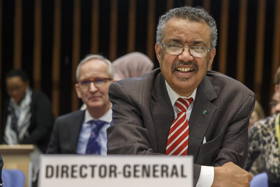 Tedros Adhanom Ghebreyesus, Director General of the World Health Organization (WHO), waits prior the opening of the 146th session of the World Health Organization Executive Board, at the World Health Organization (WHO) headquarters in Geneva, Switzerland, Monday, Feb. 3, 2020. (Salvatore Di Nolfi/Keystone via AP)