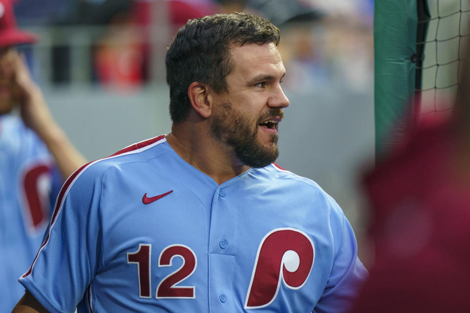 Philadelphia Phillies' Kyle Schwarber smiles after scoring a run during the sixth inning of the team's baseball game against the Detroit Tigers, Thursday, June 8, 2023, in Philadelphia. (AP Photo/Chris Szagola)