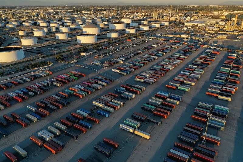 Cargo shipping containers and storage tanks for petroleum in Carson, California