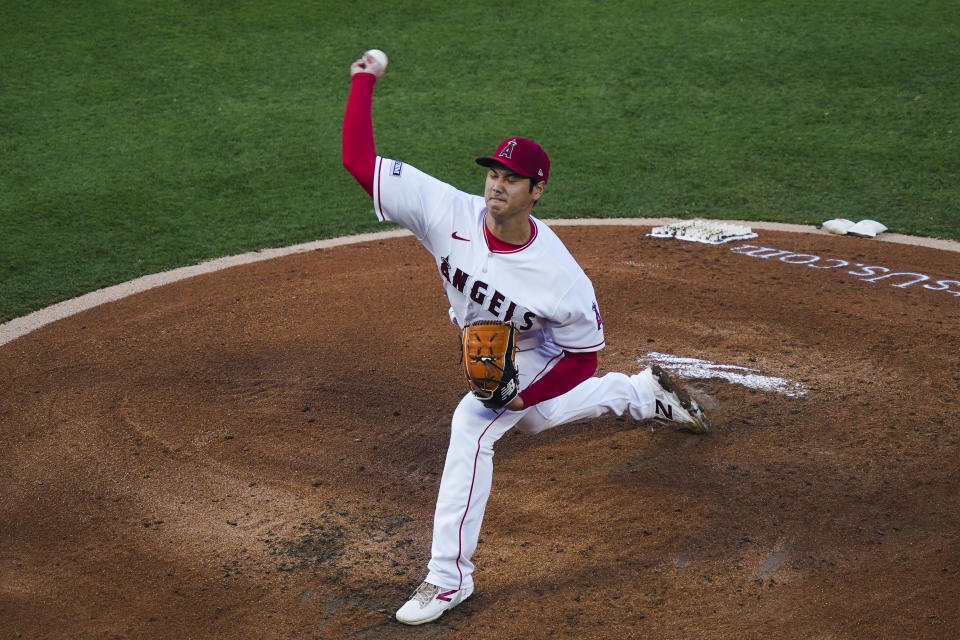 Los Angeles Angels starting pitcher Shohei Ohtani delivers during the second inning of the tema's baseball game against the San Francisco Giants, Wednesday, Aug. 9, 2023, in Anaheim, Calif. (AP Photo/Ryan Sun)