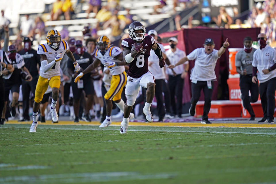 Kylin Hill (8) made a huge impression in Mississippi State's upset of defending national champion LSU in Baton Rouge. (AP Photo/Gerald Herbert)