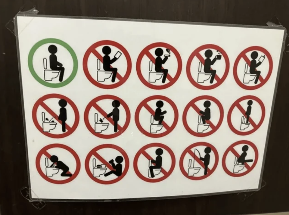 Diagram showing proper and improper toilet use. Do's: sit normally. Don'ts: squatting, standing, and other incorrect positions are marked with red circles and slashes