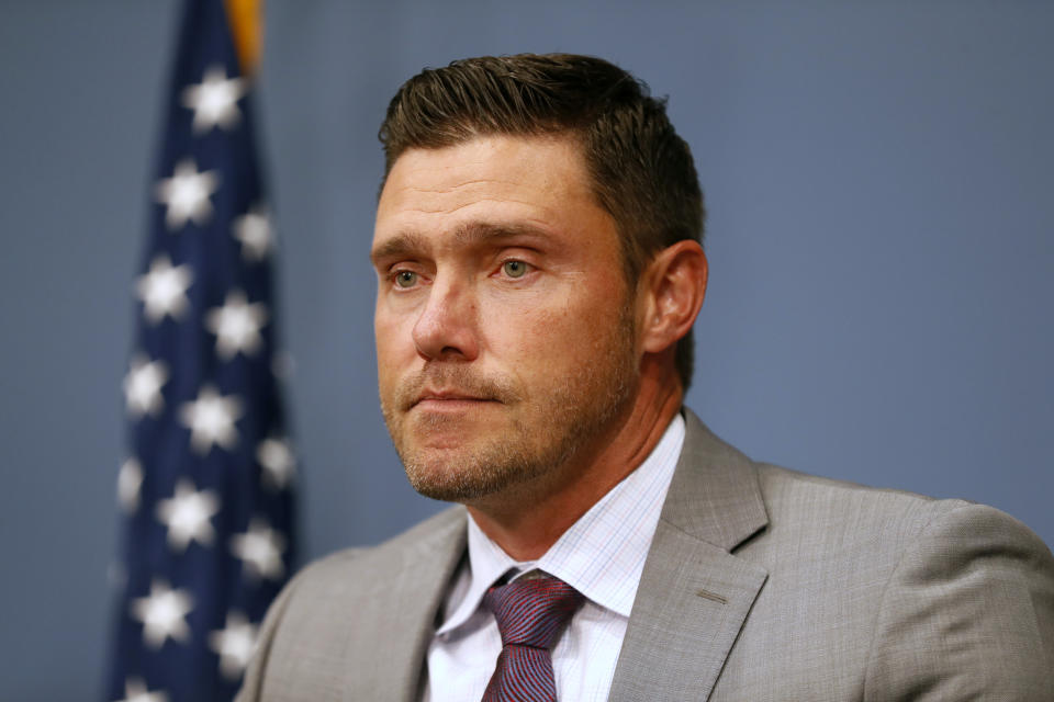 St. Charles County Prosecuting Attorney Tim Lohmar speaks during a news conference Wednesday, June 17, 2020, in O'Fallon, Mo. Lohmar, who is acting as special prosecutor in the case against former Florissant Detective Joshua Smith, announced that Smith has been charged with two counts of assault and armed criminal action after the now fired detective was apparently captured on video hitting a suspect with a police SUV then kicking and punching the man. (AP Photo/Jeff Roberson)