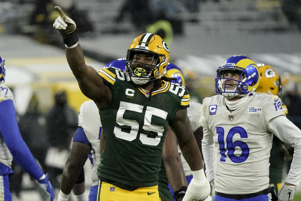 Green Bay Packers' Za'Darius Smith celebrates after sacking Los Angeles Rams quarterback Jared Goff (16) during the first half of an NFL divisional playoff football game, Saturday, Jan. 16, 2021, in Green Bay, Wis. (AP Photo/Morry Gash)