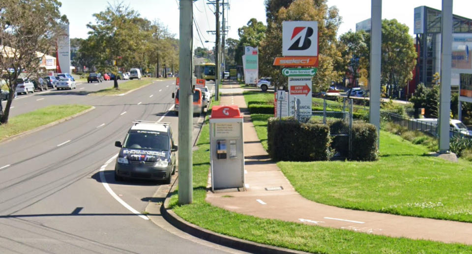 A phone booth was spotted in the middle of a path alongside a busy road in Sydney's northwest. Source: Google Maps