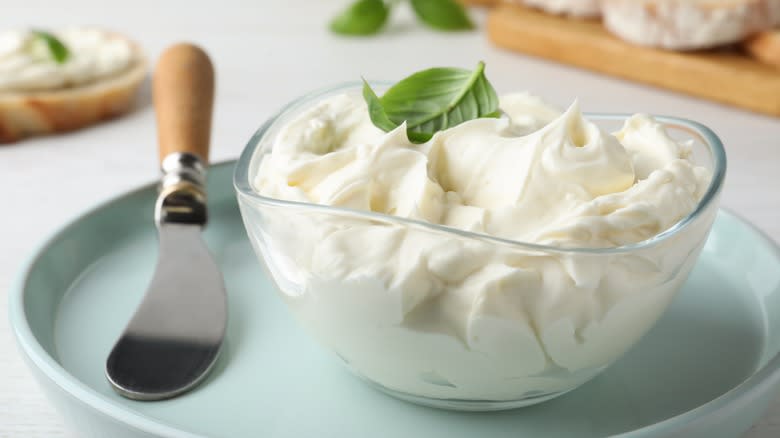 cream cheese in clear bowl