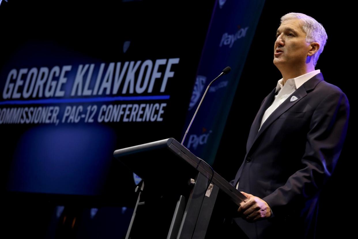 Pac-12 Commissioner George Kliavkoff makes his opening remarks at the start of the Pac-12 media day