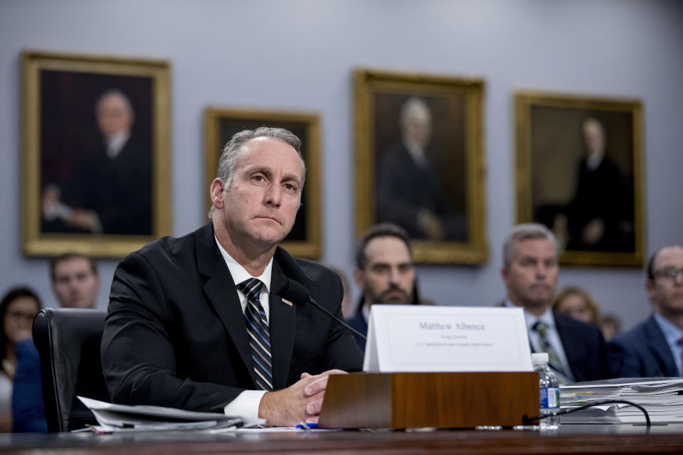 FILE - In this July 25, 2019 file photo, Immigration and Customs Enforcement Acting Director Matthew Albence appears before a Homeland Security Subcommittee oversight hearing on Capitol Hill in Washington. A sweeping expansion of deportation powers unveiled this week by the Trump administration has sent chills through immigrant communities and prompted some lawyers to advise migrants to gather up as much documentation as possible _ pay stubs, apartment leases or even gym key tags _ to prove they’ve been in the U.S. (AP Photo/Andrew Harnik, File)