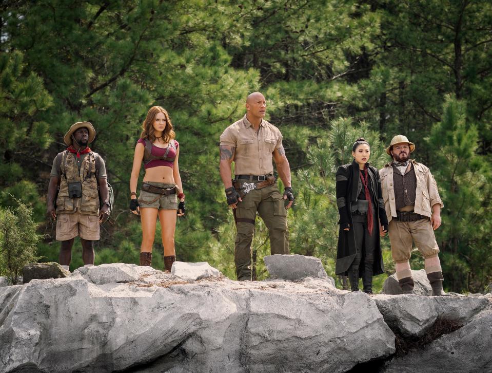 Awkwafina (second from right) plays a mysterious new character opposite Kevin Hart, Karen Gillan, Dwayne Johnson and Jack Black in the sequel 